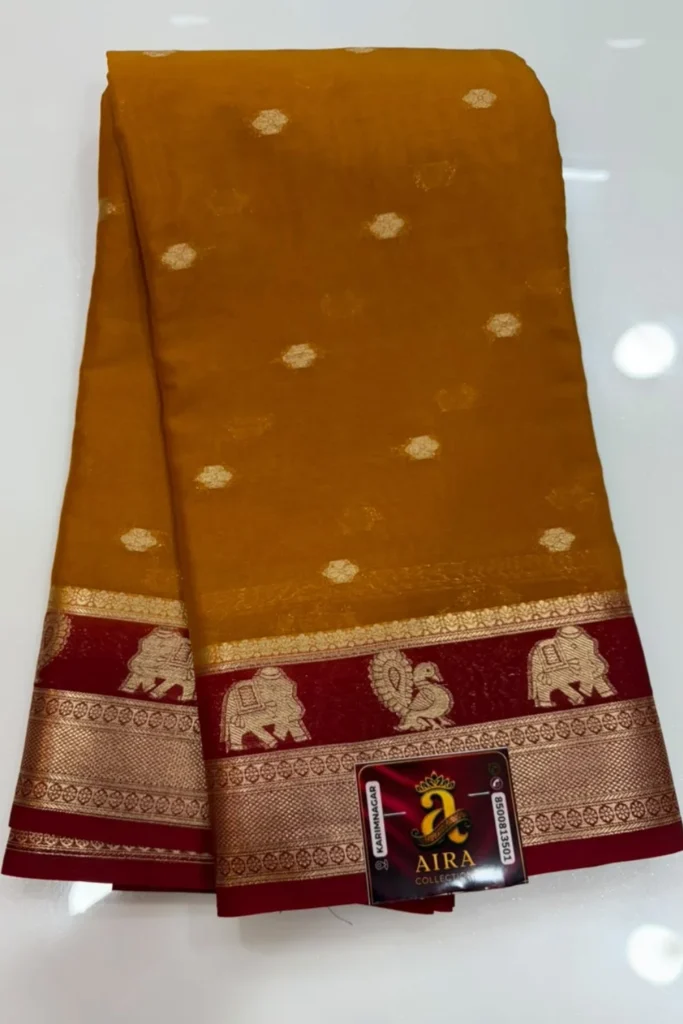 Mustard Gold Mysore Crape Fancy Saree with Maroon Elephant Zari Border