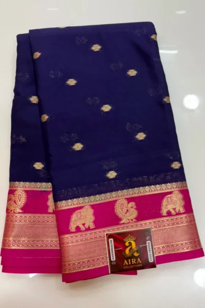 Navy Blue Mysore Crape Fancy Saree with pink zari border and elephant motifs