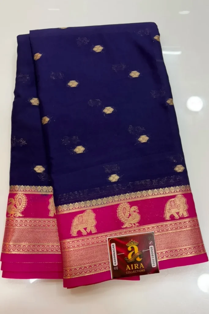 Navy Blue Mysore Crape Fancy Saree with Pink Zari Border