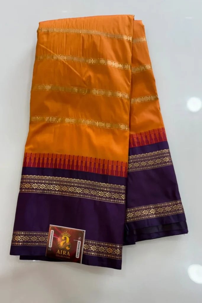 Orange Semi Pattu Saree with Purple Contrast Border