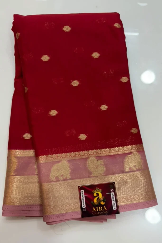 Ruby Red Mysore Crape Fancy Saree with Rose Pink Zari Border