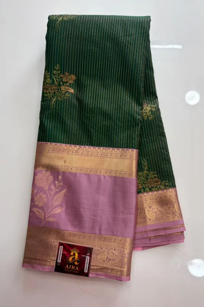 Bottle Green Semi Pattu Saree with Gold Stripes & Mauve Floral Zari Pallu