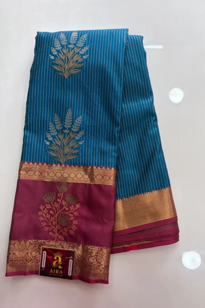 Teal Blue Semi Pattu Saree with Gold Stripes & Magenta Zari Pallu